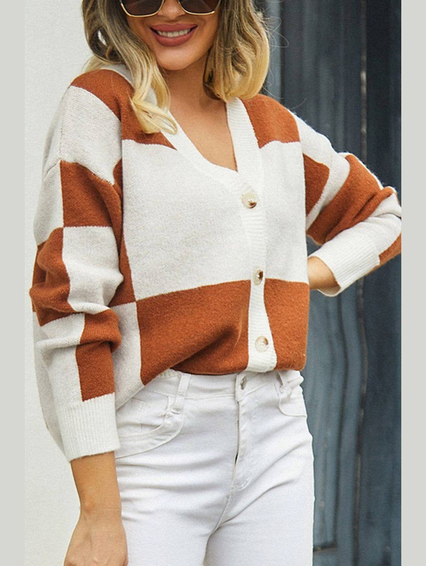 WOMEN PLAID COLOR BLOCK BUTTON UP CARDIGAN