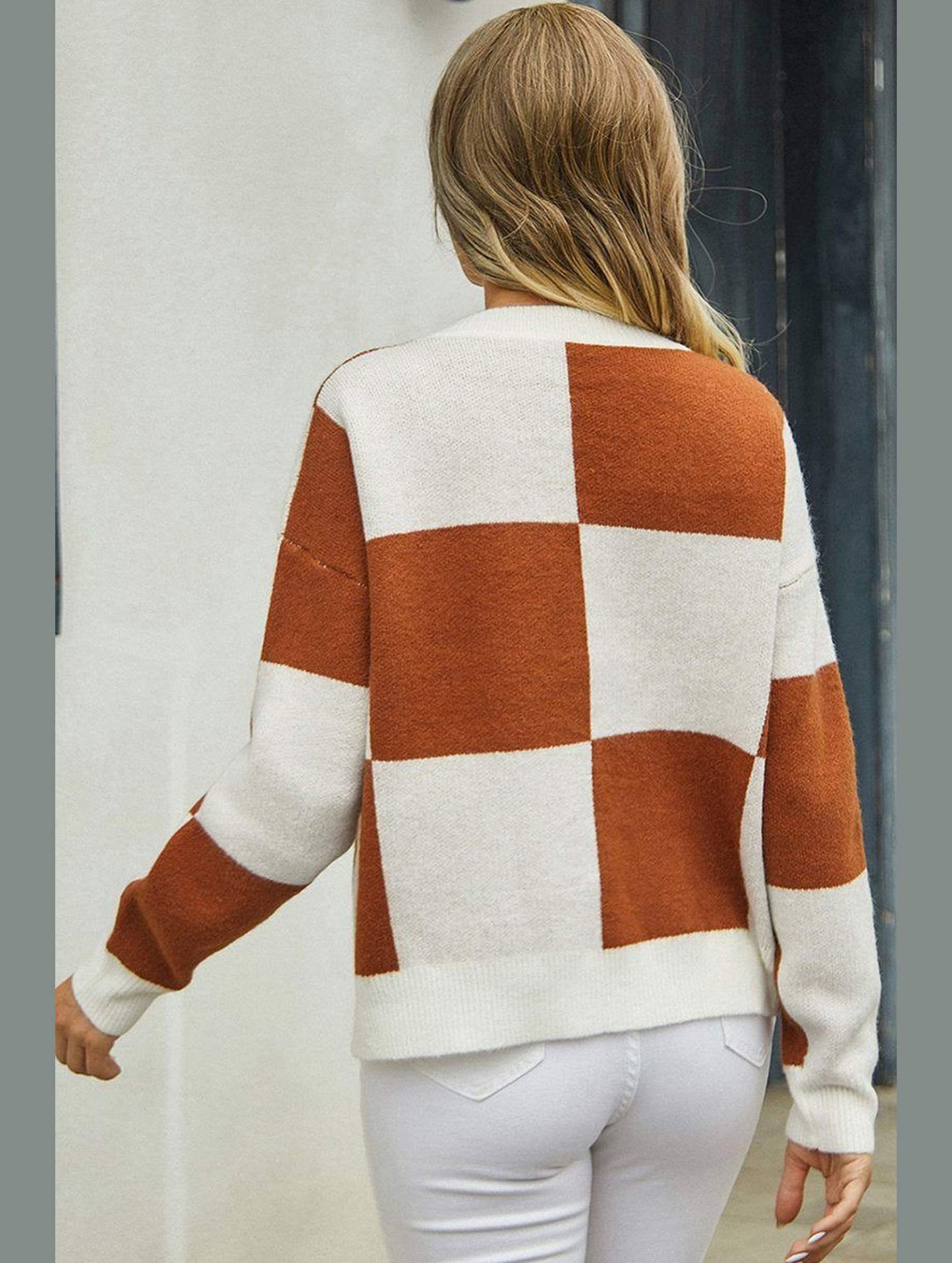 WOMEN PLAID COLOR BLOCK BUTTON UP CARDIGAN