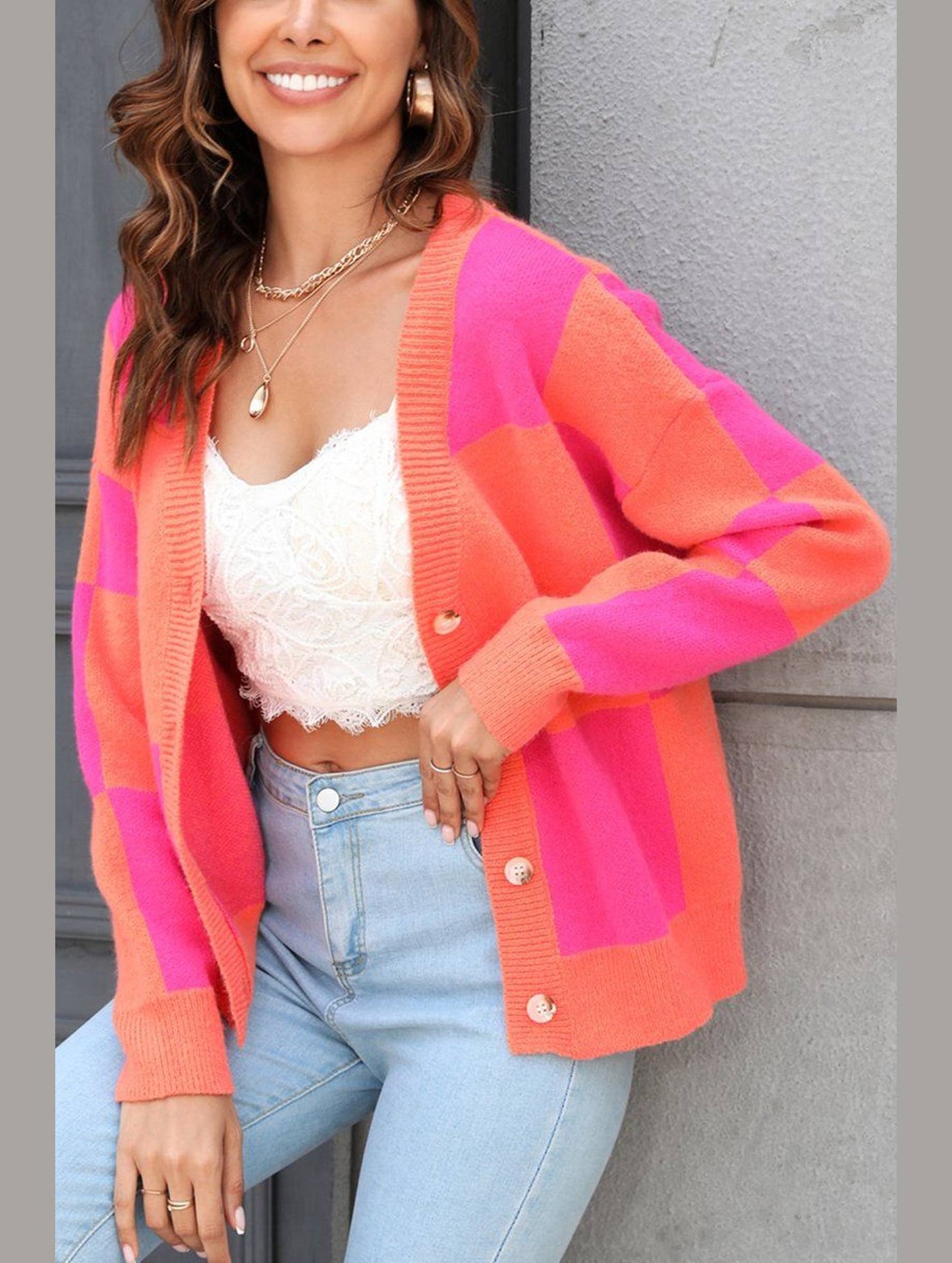 WOMEN PLAID COLOR BLOCK BUTTON UP CARDIGAN