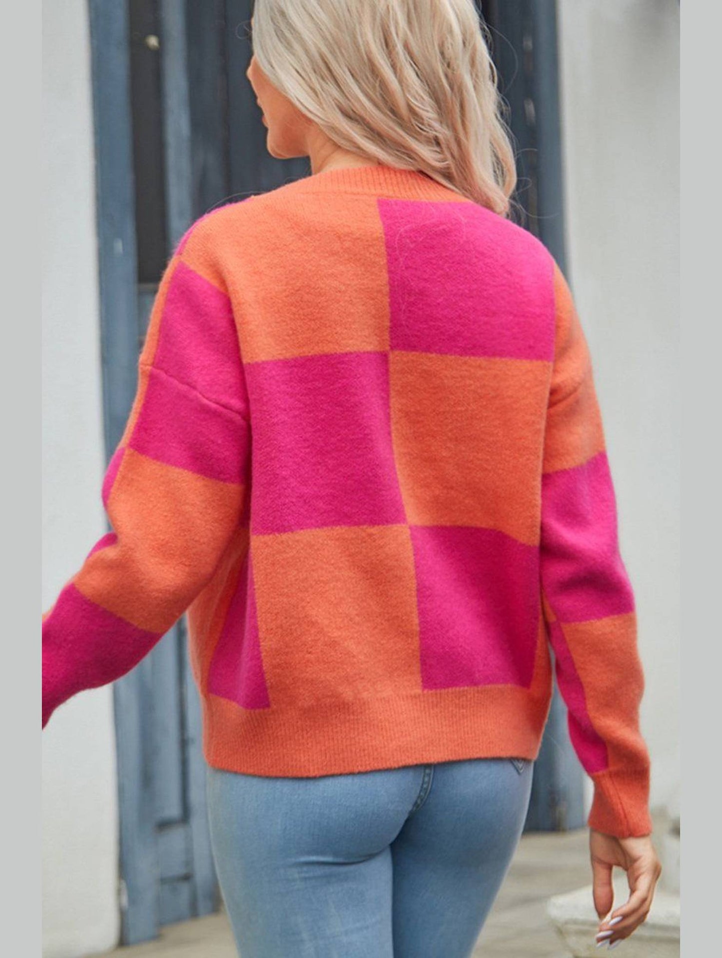 WOMEN PLAID COLOR BLOCK BUTTON UP CARDIGAN