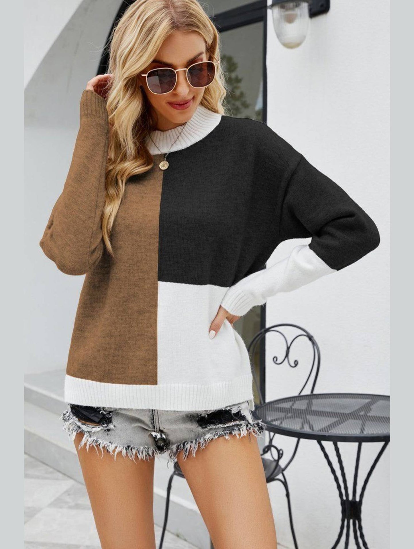 WOMEN HIGH NECK COLOR BLOCKED PULLOVER SWEATER
