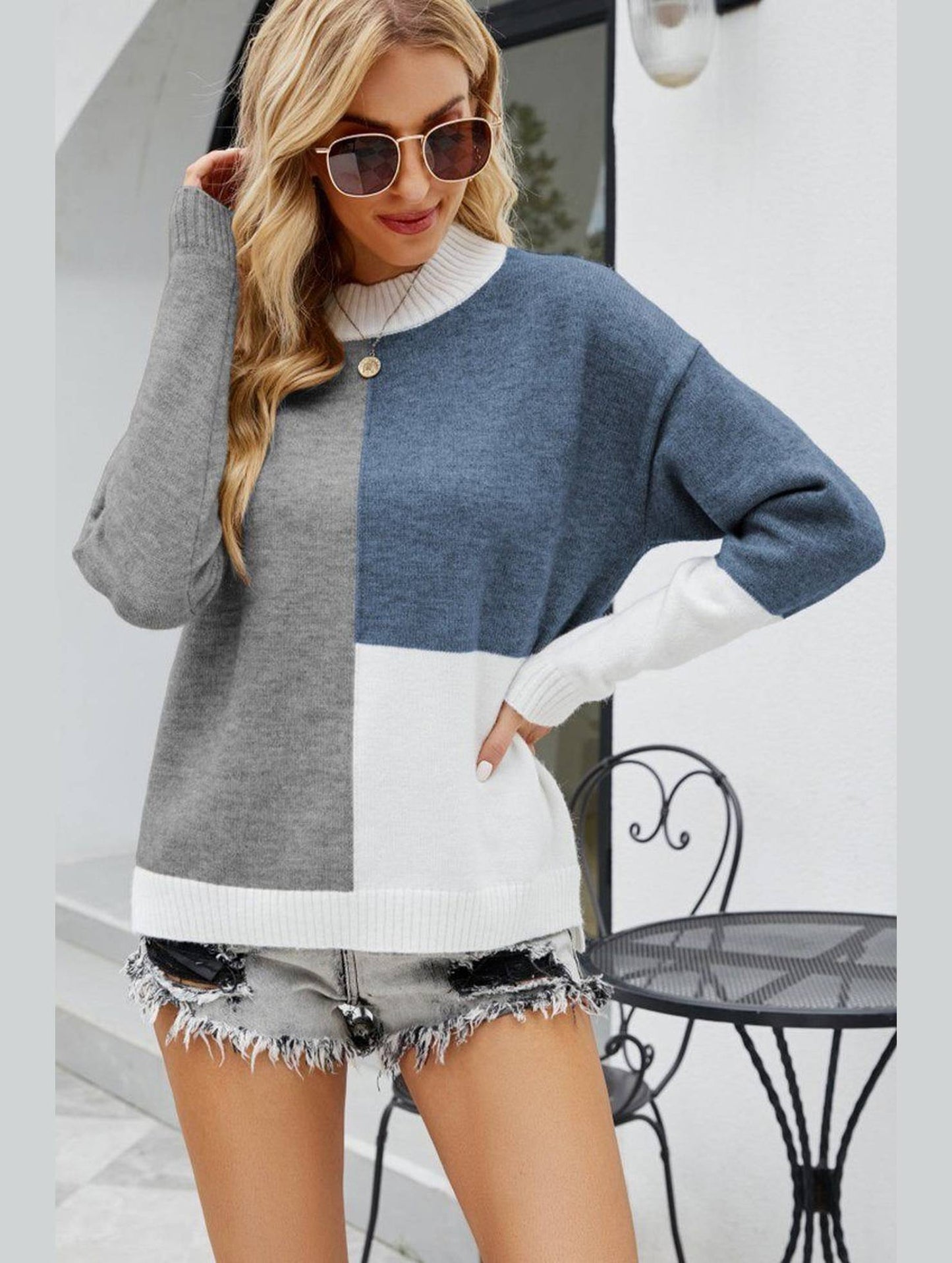 WOMEN HIGH NECK COLOR BLOCKED PULLOVER SWEATER