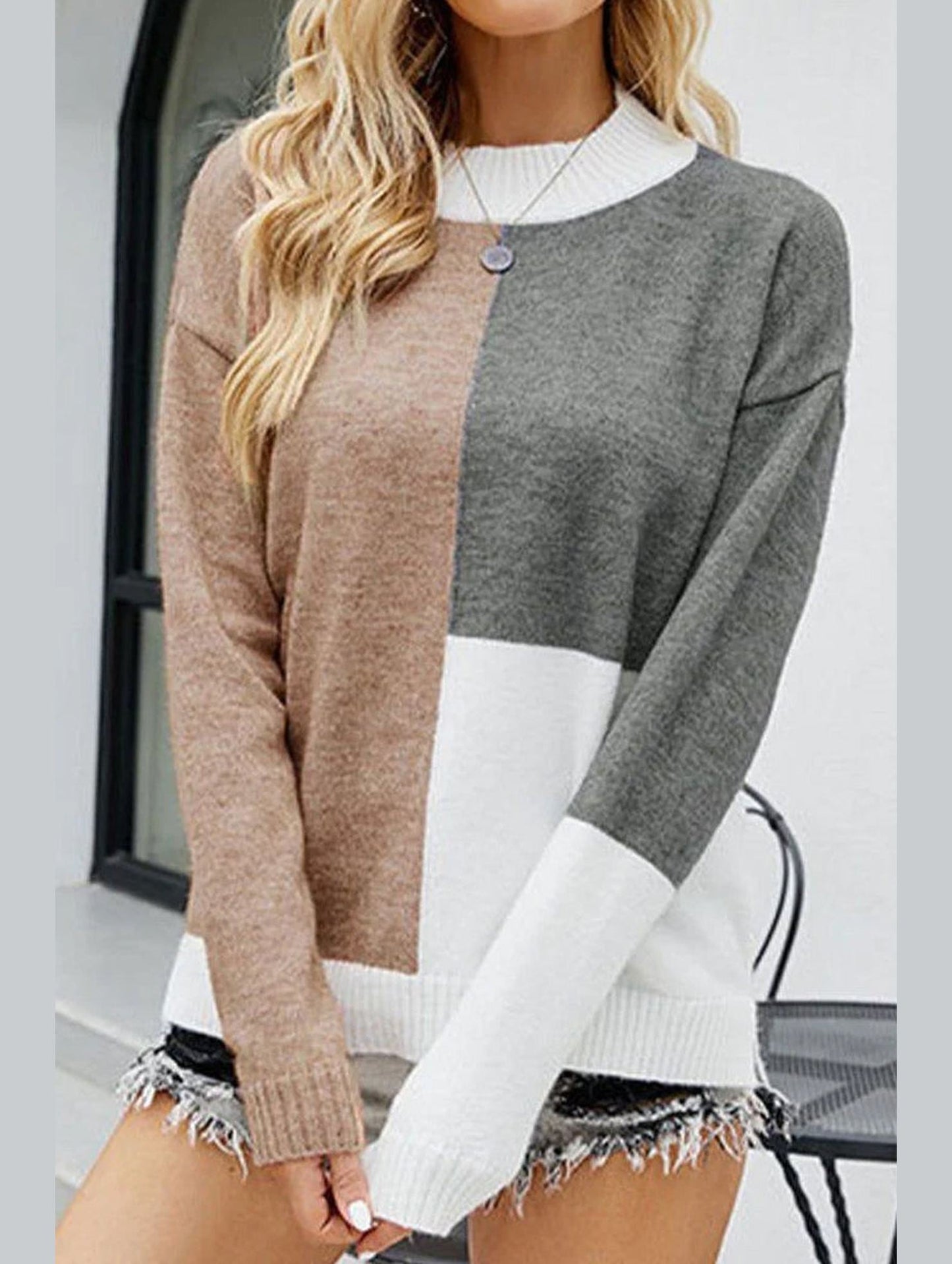 WOMEN HIGH NECK COLOR BLOCKED PULLOVER SWEATER