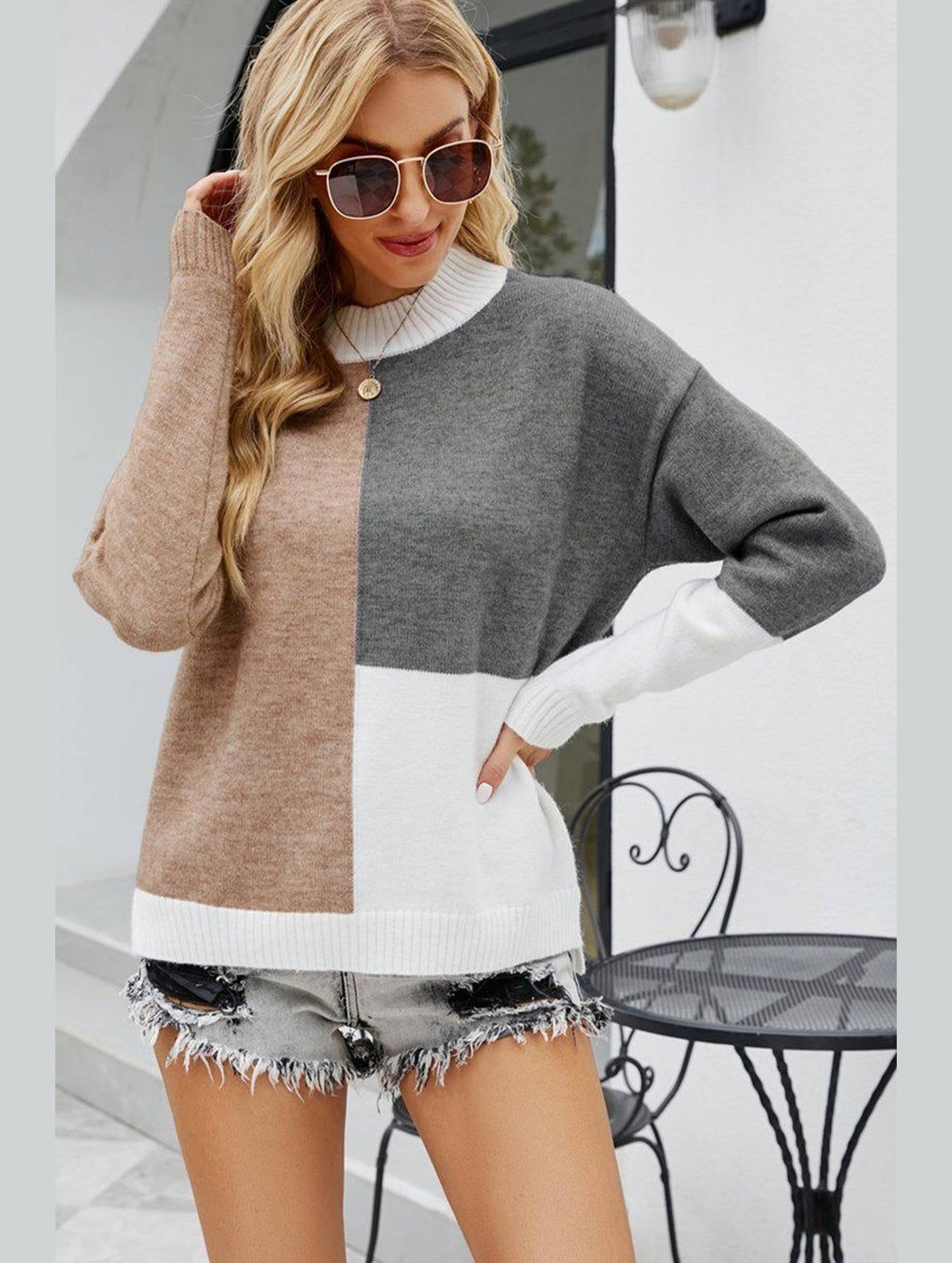 WOMEN HIGH NECK COLOR BLOCKED PULLOVER SWEATER