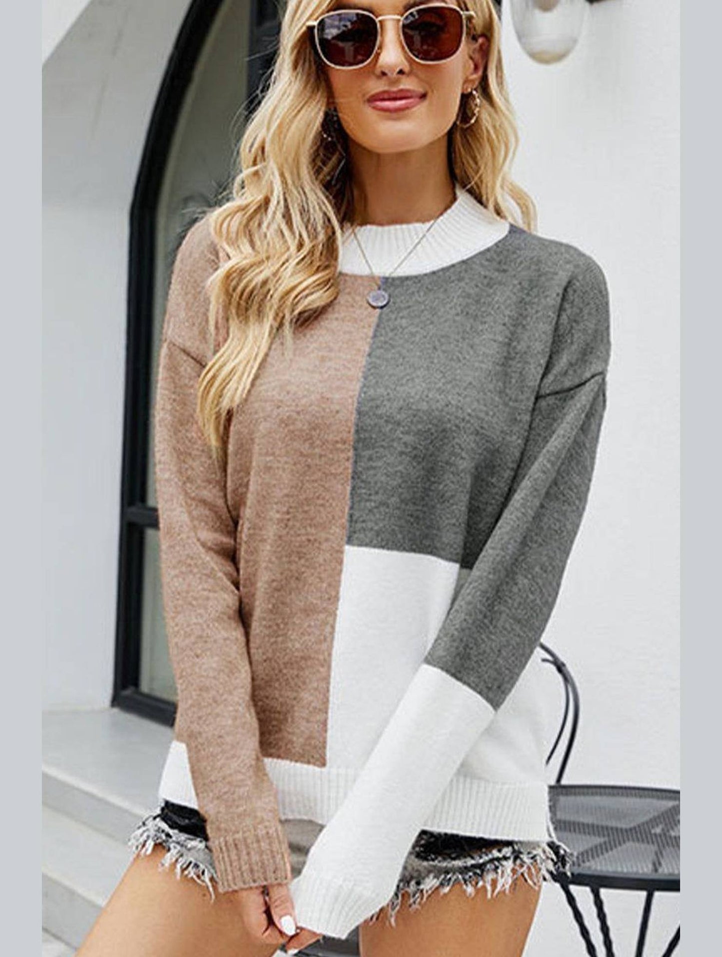 WOMEN HIGH NECK COLOR BLOCKED PULLOVER SWEATER