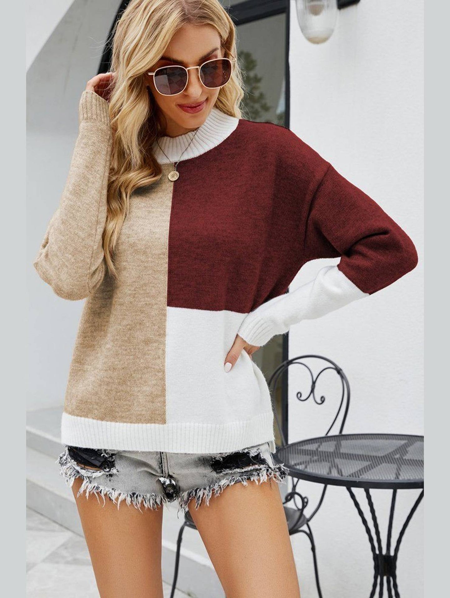 WOMEN HIGH NECK COLOR BLOCKED PULLOVER SWEATER