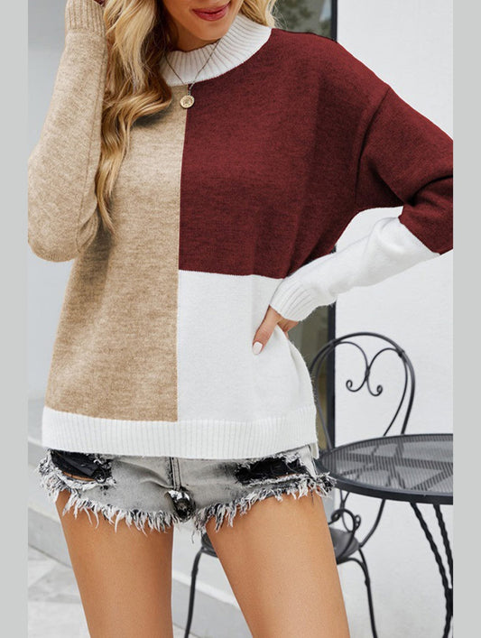 WOMEN HIGH NECK COLOR BLOCKED PULLOVER SWEATER