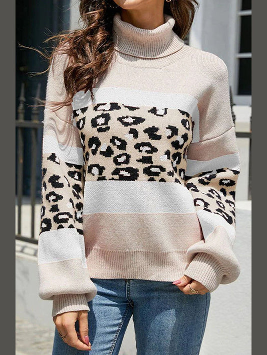 HIGH COLLAR LEOPARD PATTERN CONTRAST SWEATER TOP