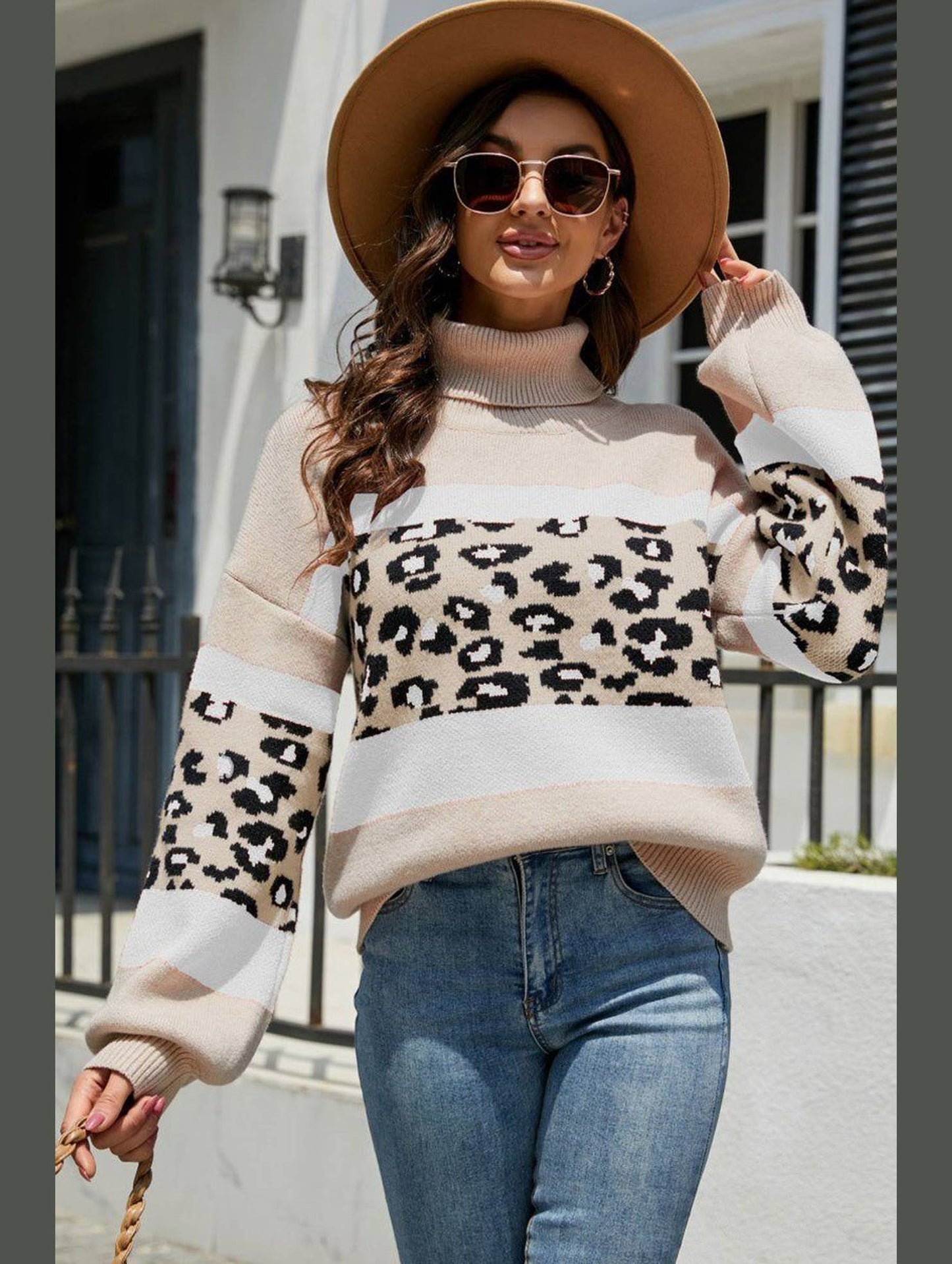 HIGH COLLAR LEOPARD PATTERN CONTRAST SWEATER TOP
