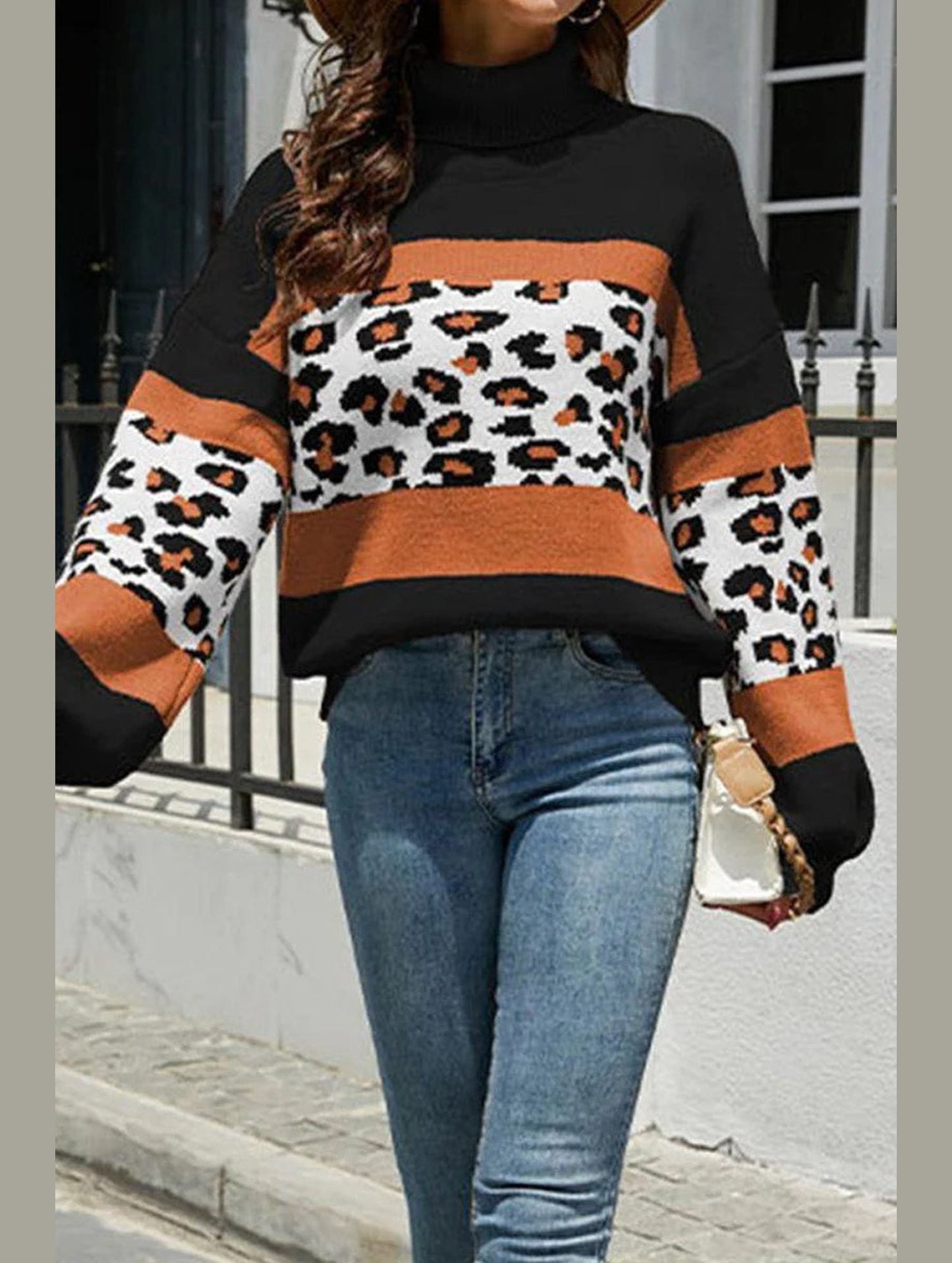 HIGH COLLAR LEOPARD PATTERN CONTRAST SWEATER TOP
