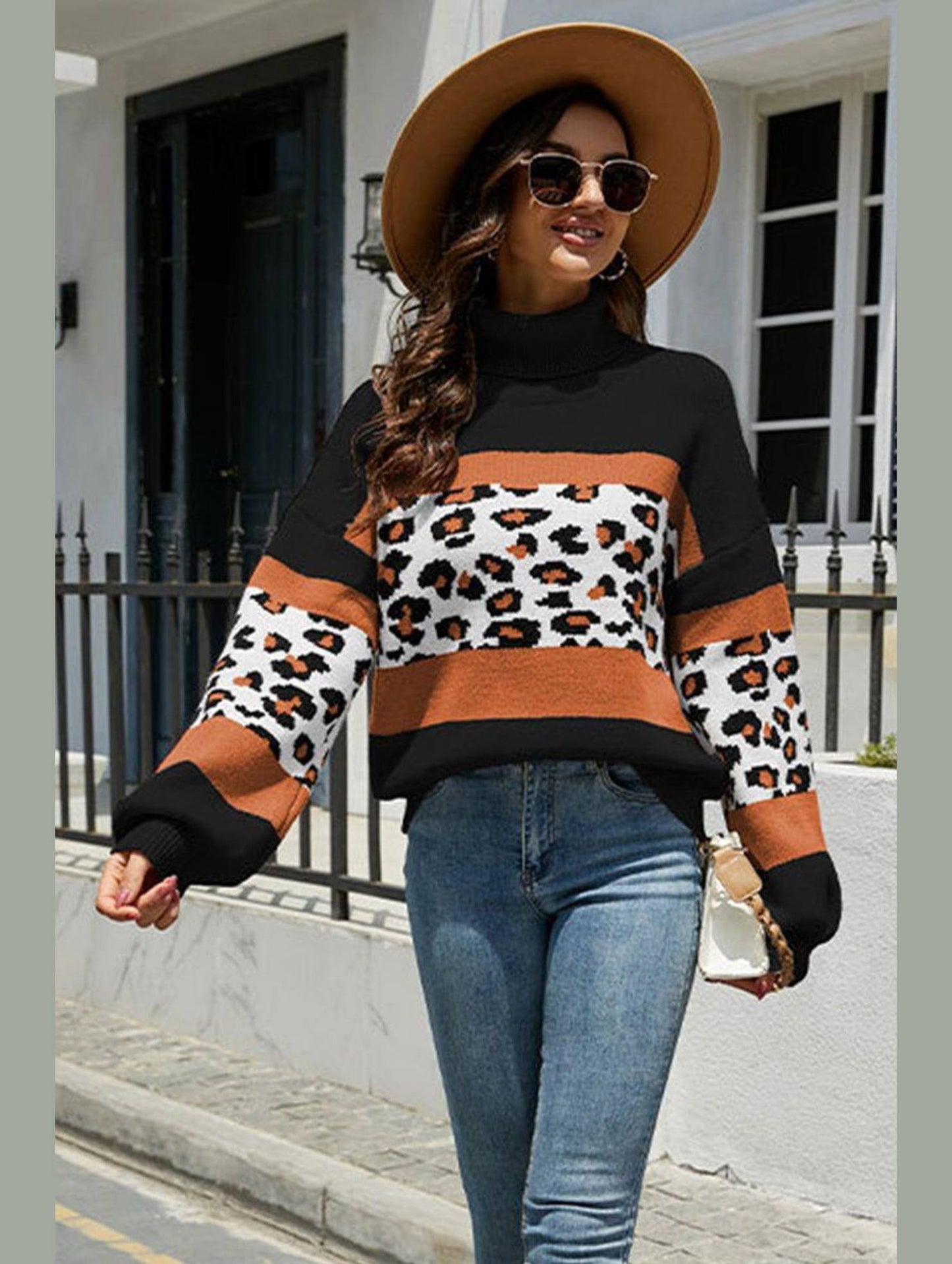 HIGH COLLAR LEOPARD PATTERN CONTRAST SWEATER TOP