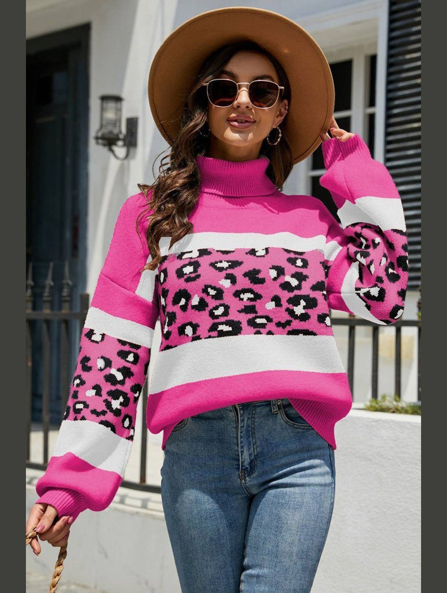 HIGH COLLAR LEOPARD PATTERN CONTRAST SWEATER TOP