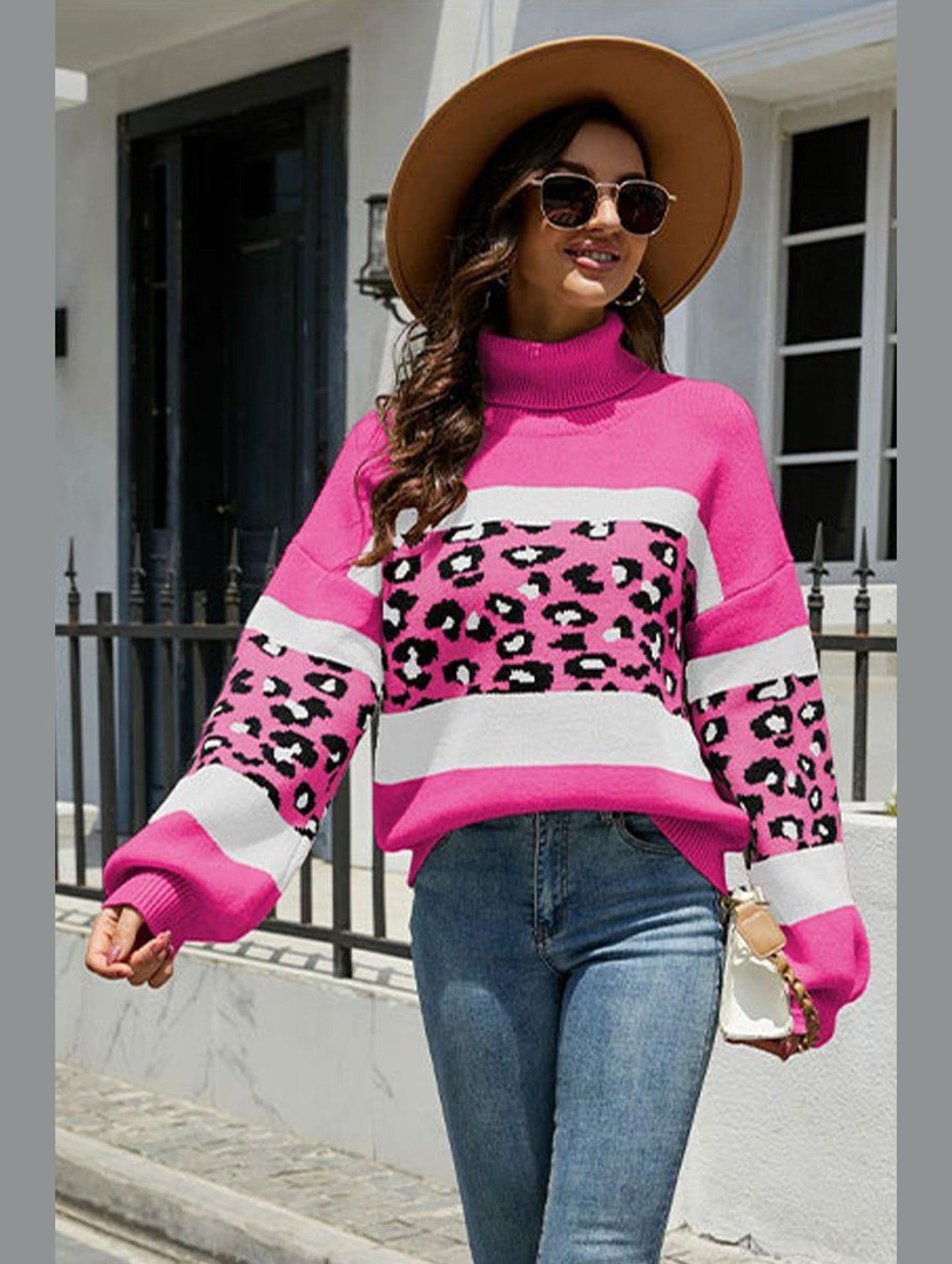HIGH COLLAR LEOPARD PATTERN CONTRAST SWEATER TOP