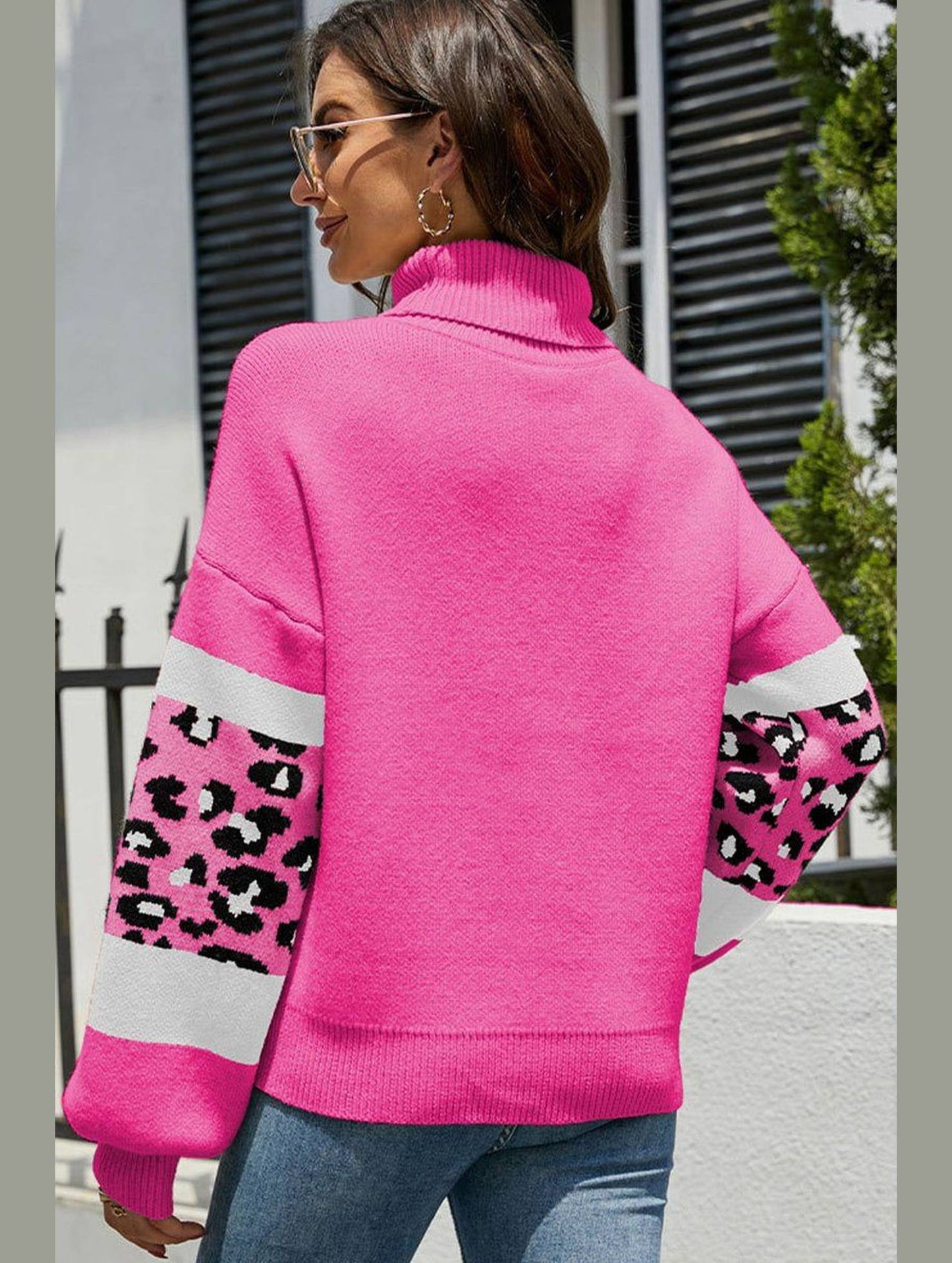 HIGH COLLAR LEOPARD PATTERN CONTRAST SWEATER TOP