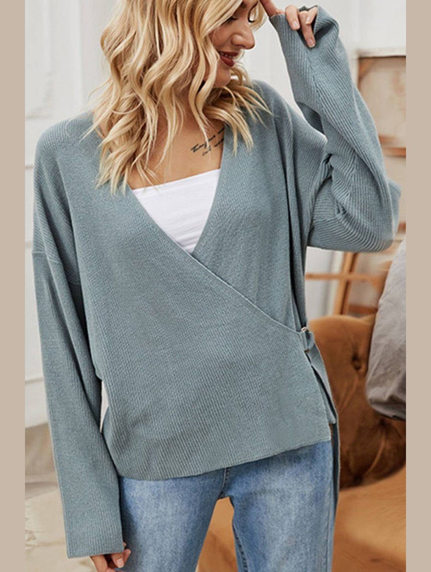 WOMEN KNITTED LOOSE BOYFRIEND WRAP SWEATER