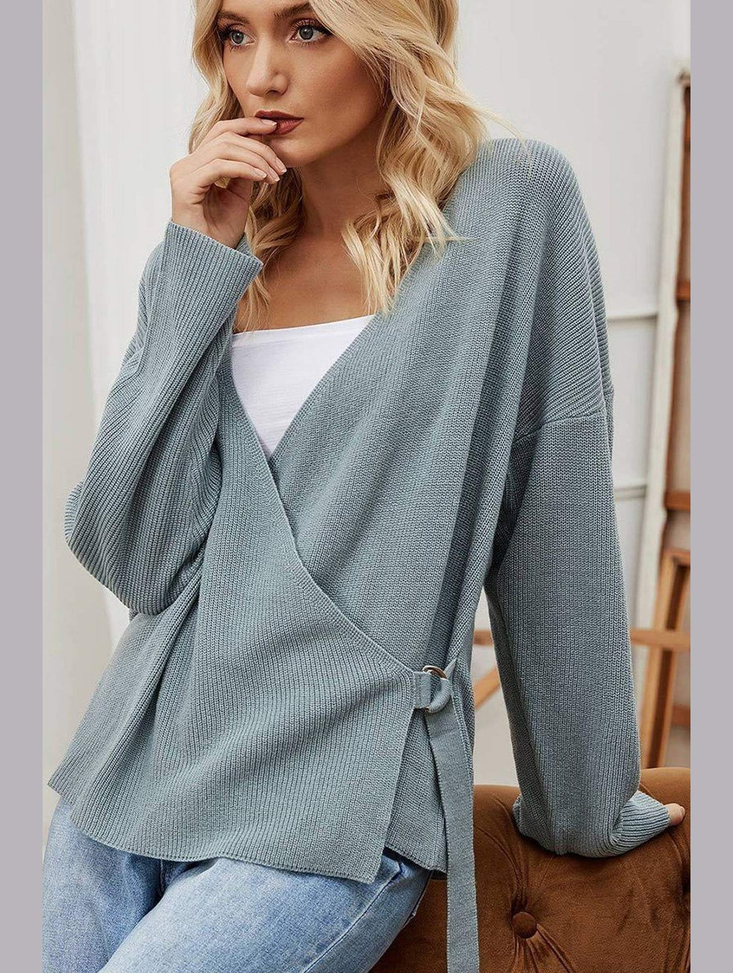 WOMEN KNITTED LOOSE BOYFRIEND WRAP SWEATER