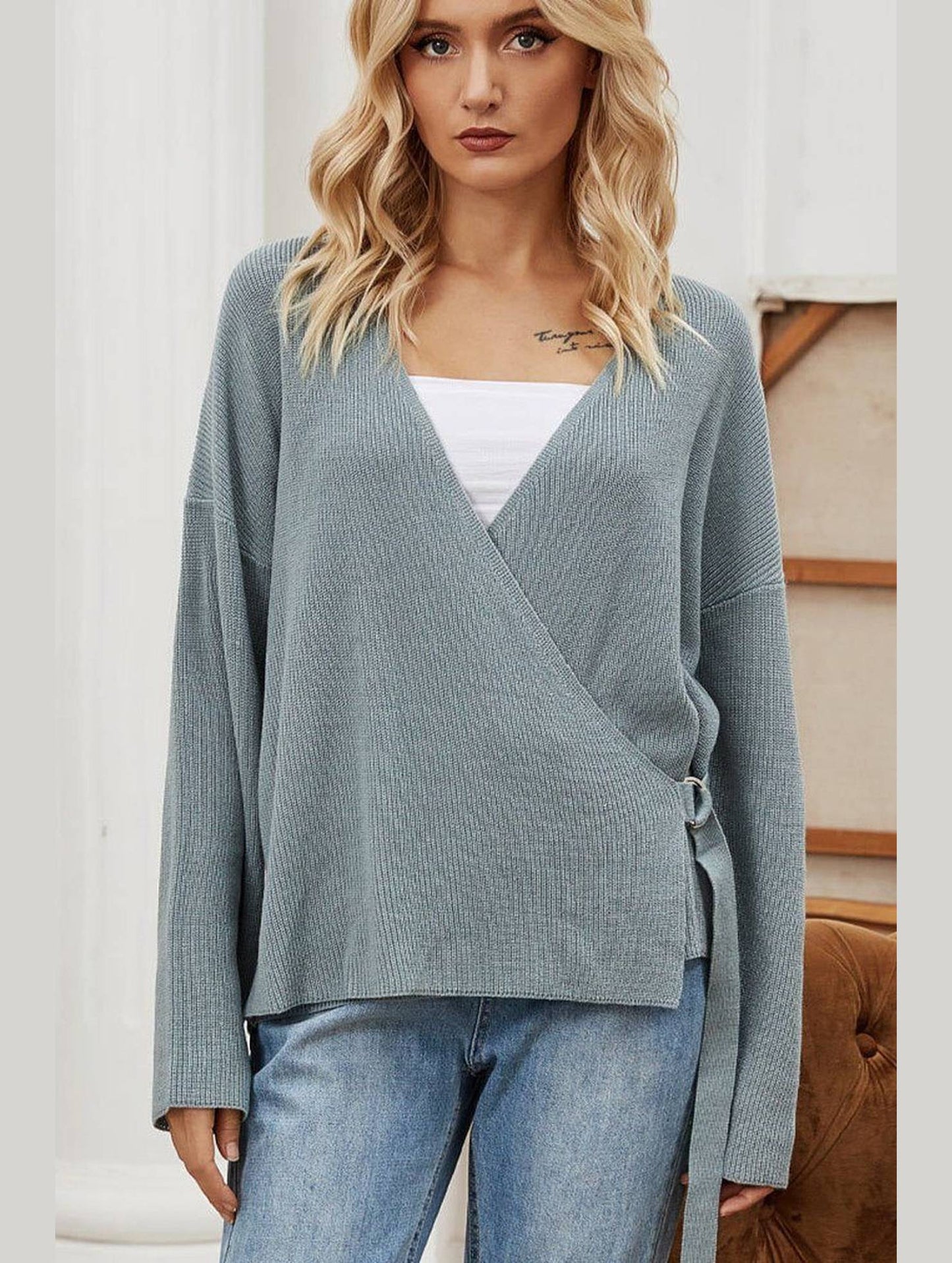 WOMEN KNITTED LOOSE BOYFRIEND WRAP SWEATER