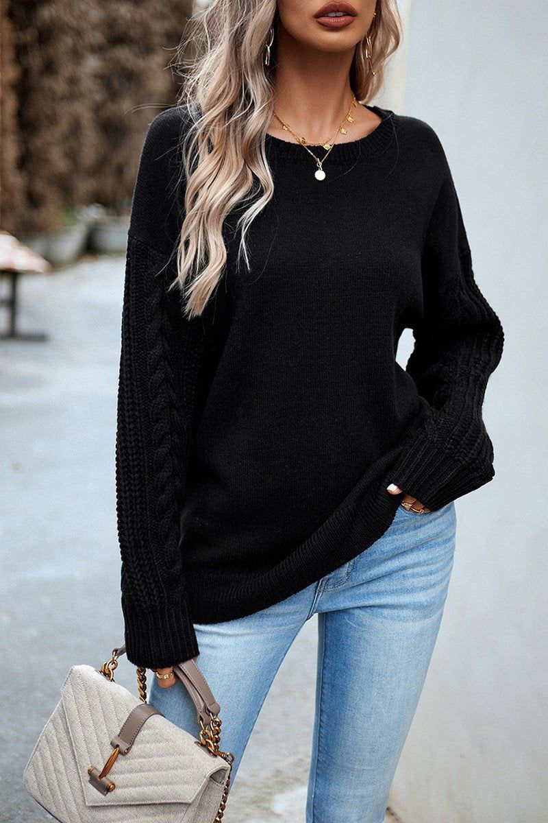 WOMEN SOLID CABLE KNIT SLEEVE SWEATER
