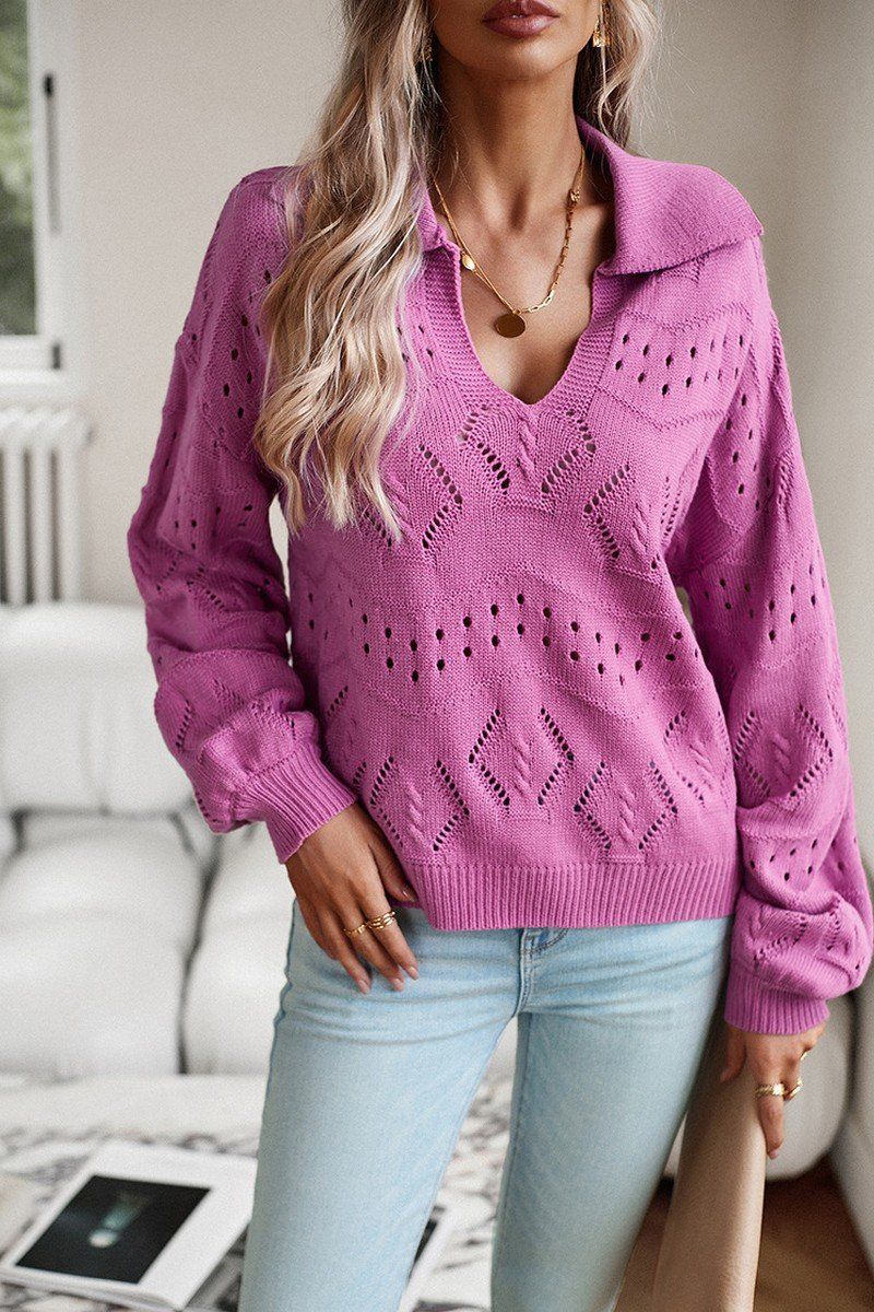 WOMEN EYELET KNITTED POLO NECK SWEATER