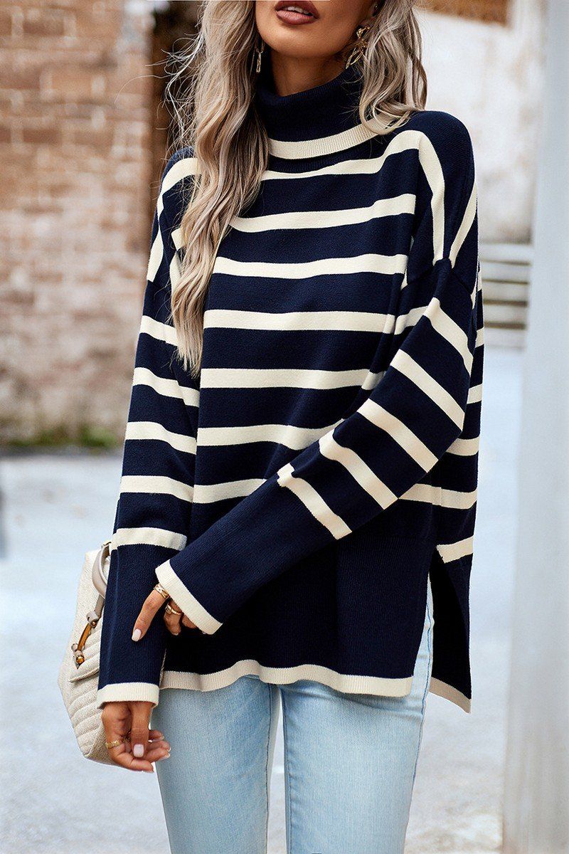 HIGH NECK STRIPE PATTERNED OVERSIZED PULLOVER