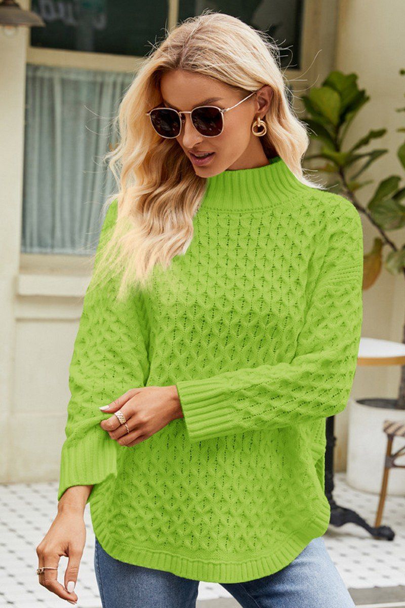 WOMEN HIGH NECK FISHERMAN CABLE KNIT SWEATER