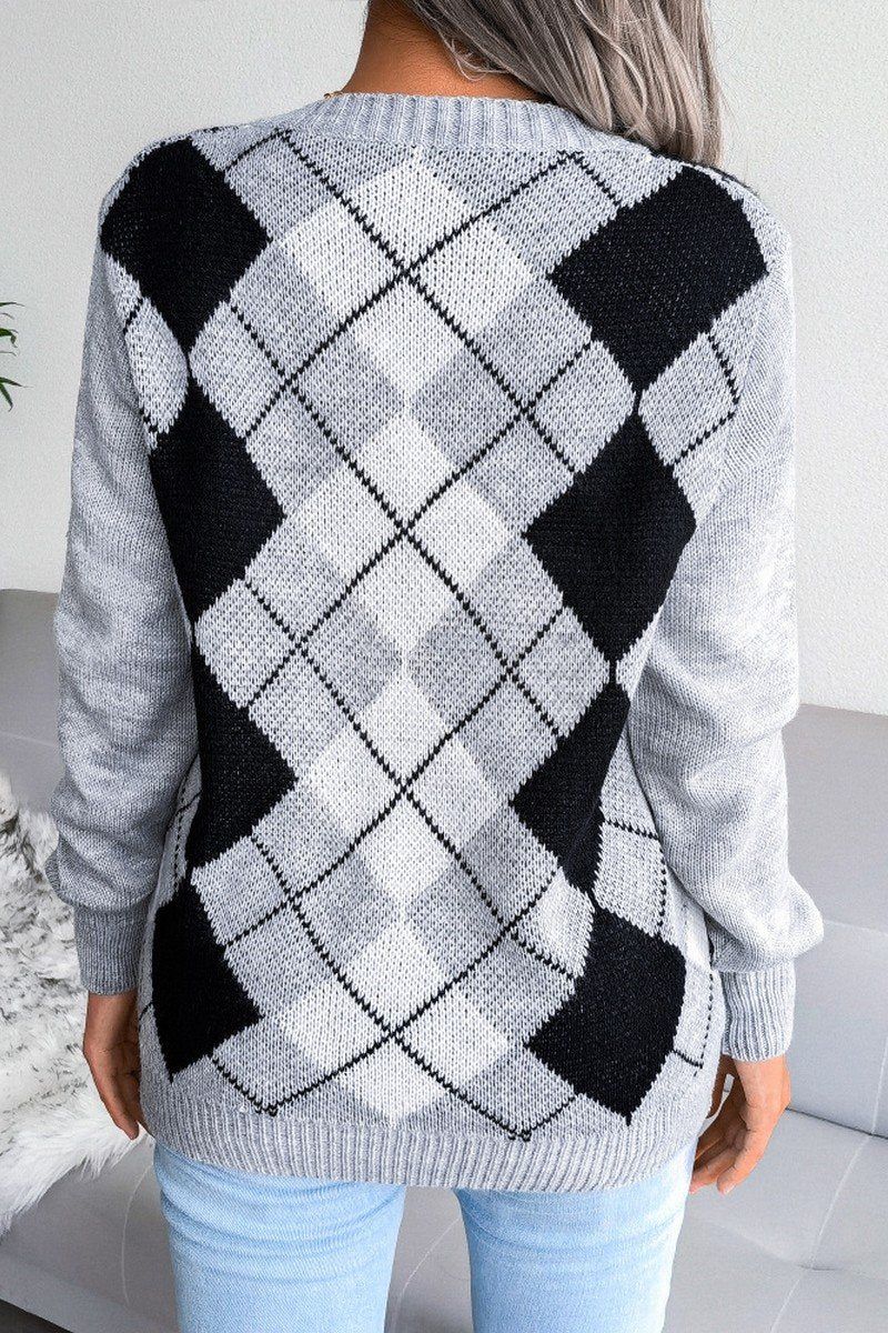 PLAID PATTERN RIBBED V NECK LOOSE FIT SWEATER