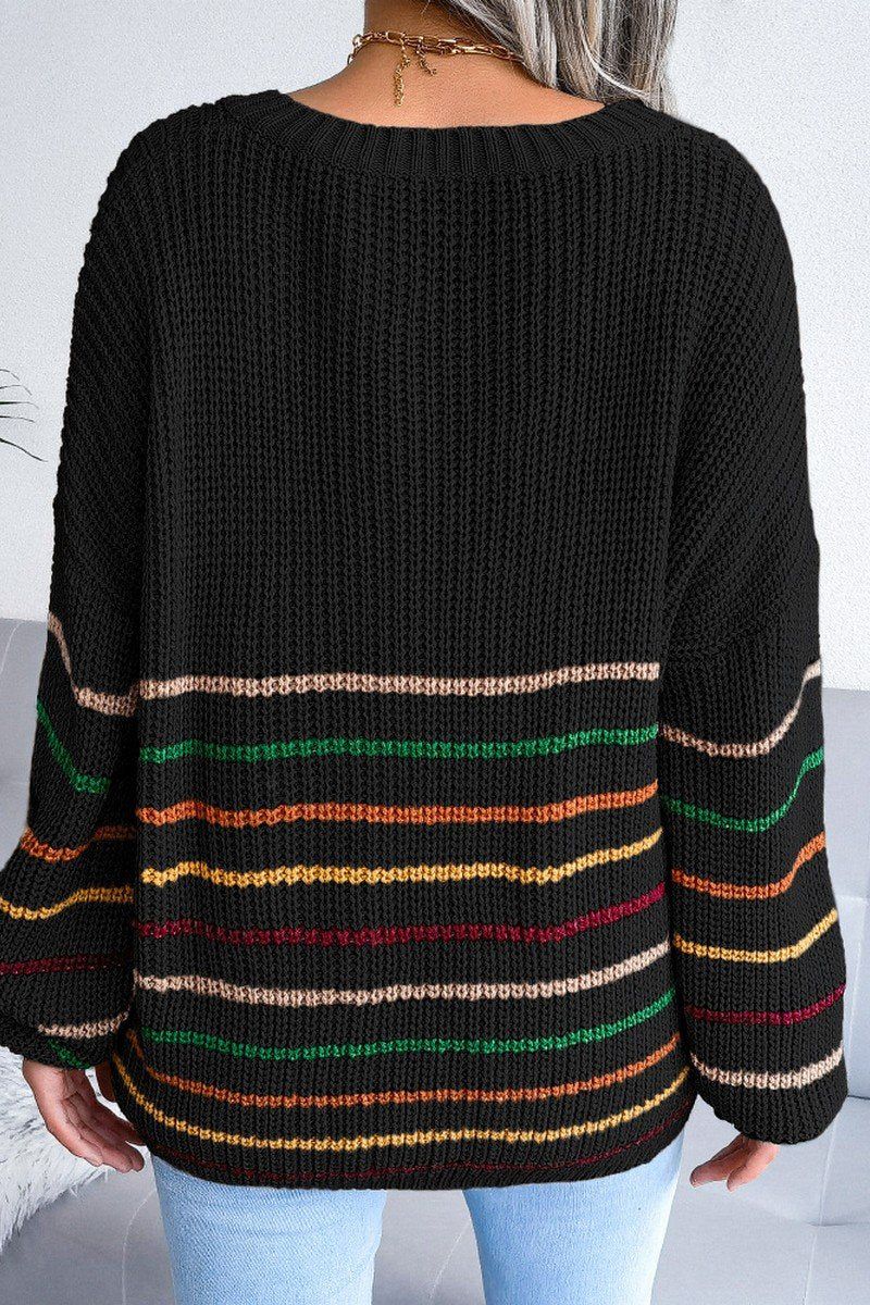WOMEN STRIPE RIBBED V NECK OVERSIZED KNIT SWEATER
