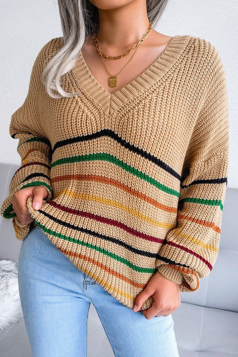 WOMEN STRIPE RIBBED V NECK OVERSIZED KNIT SWEATER