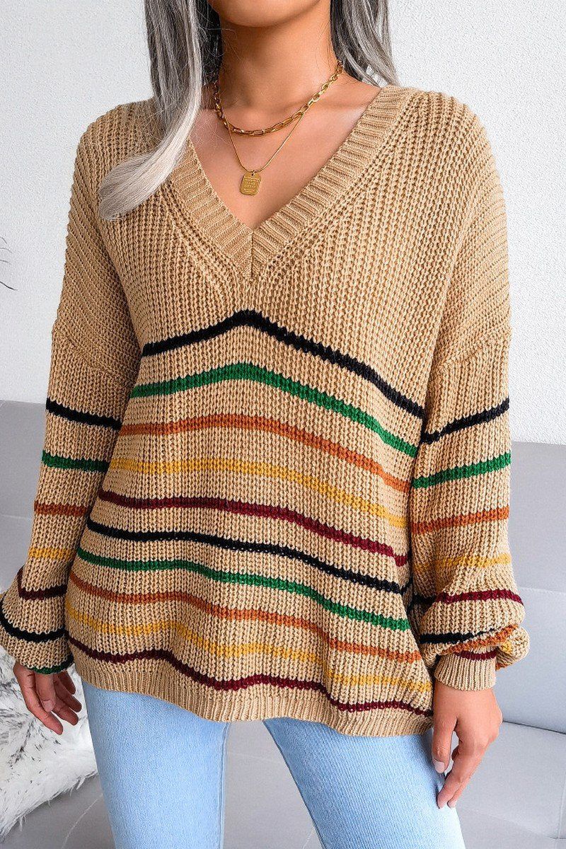 WOMEN STRIPE RIBBED V NECK OVERSIZED KNIT SWEATER