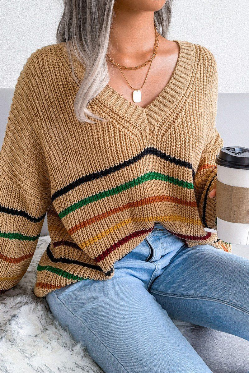 WOMEN STRIPE RIBBED V NECK OVERSIZED KNIT SWEATER