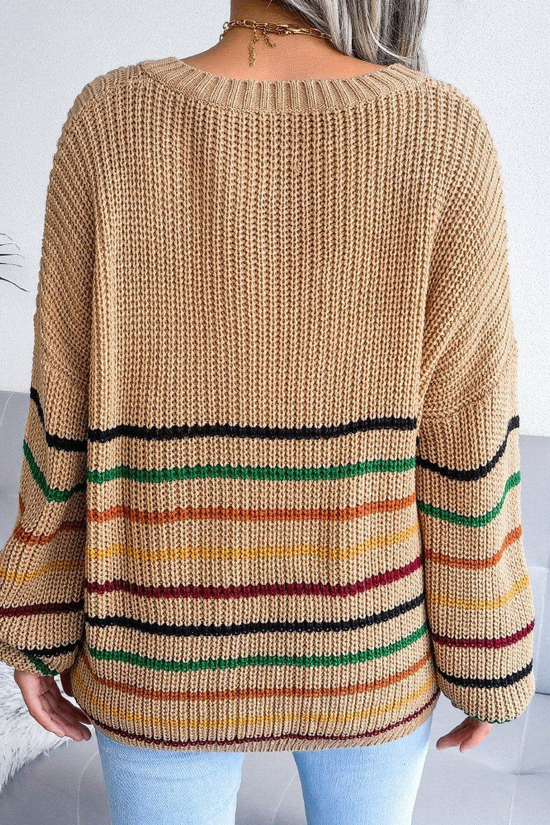 WOMEN STRIPE RIBBED V NECK OVERSIZED KNIT SWEATER