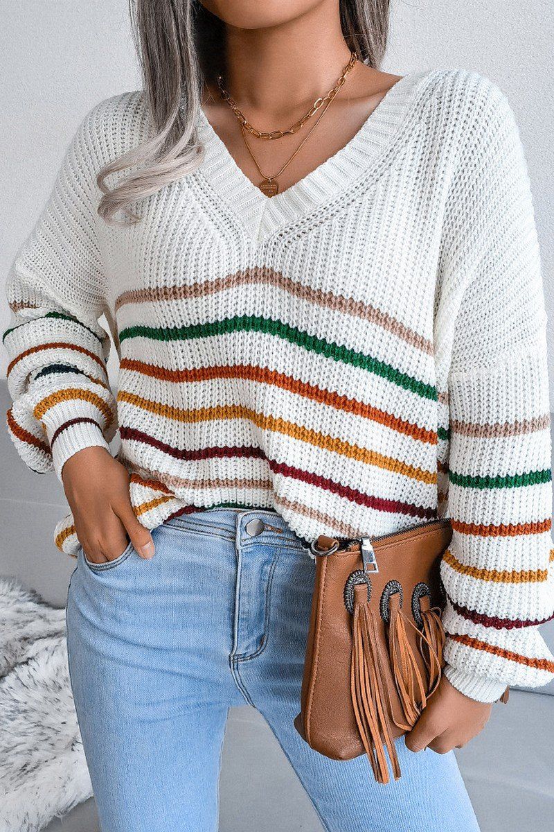 WOMEN STRIPE RIBBED V NECK OVERSIZED KNIT SWEATER