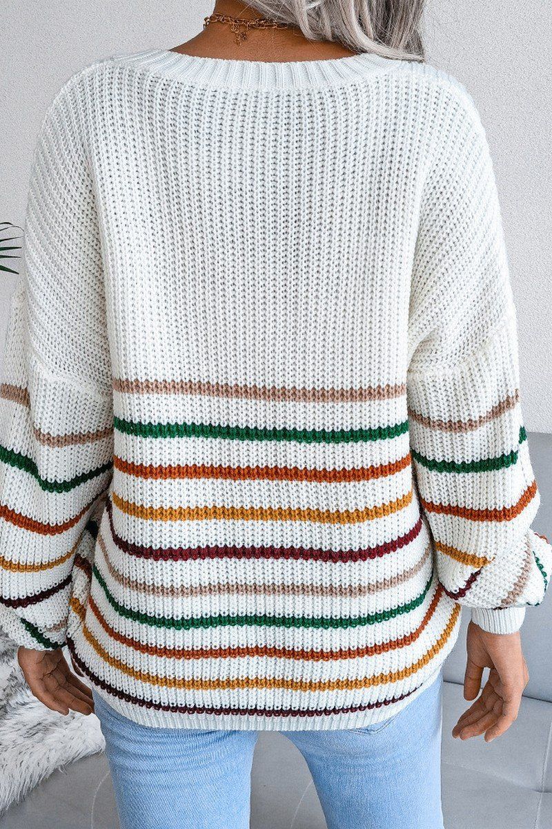 WOMEN STRIPE RIBBED V NECK OVERSIZED KNIT SWEATER