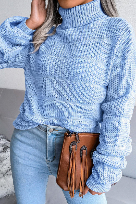 WOMEN CABLE KNITTED TURTLE NECK LOOSE FIT SWEATER