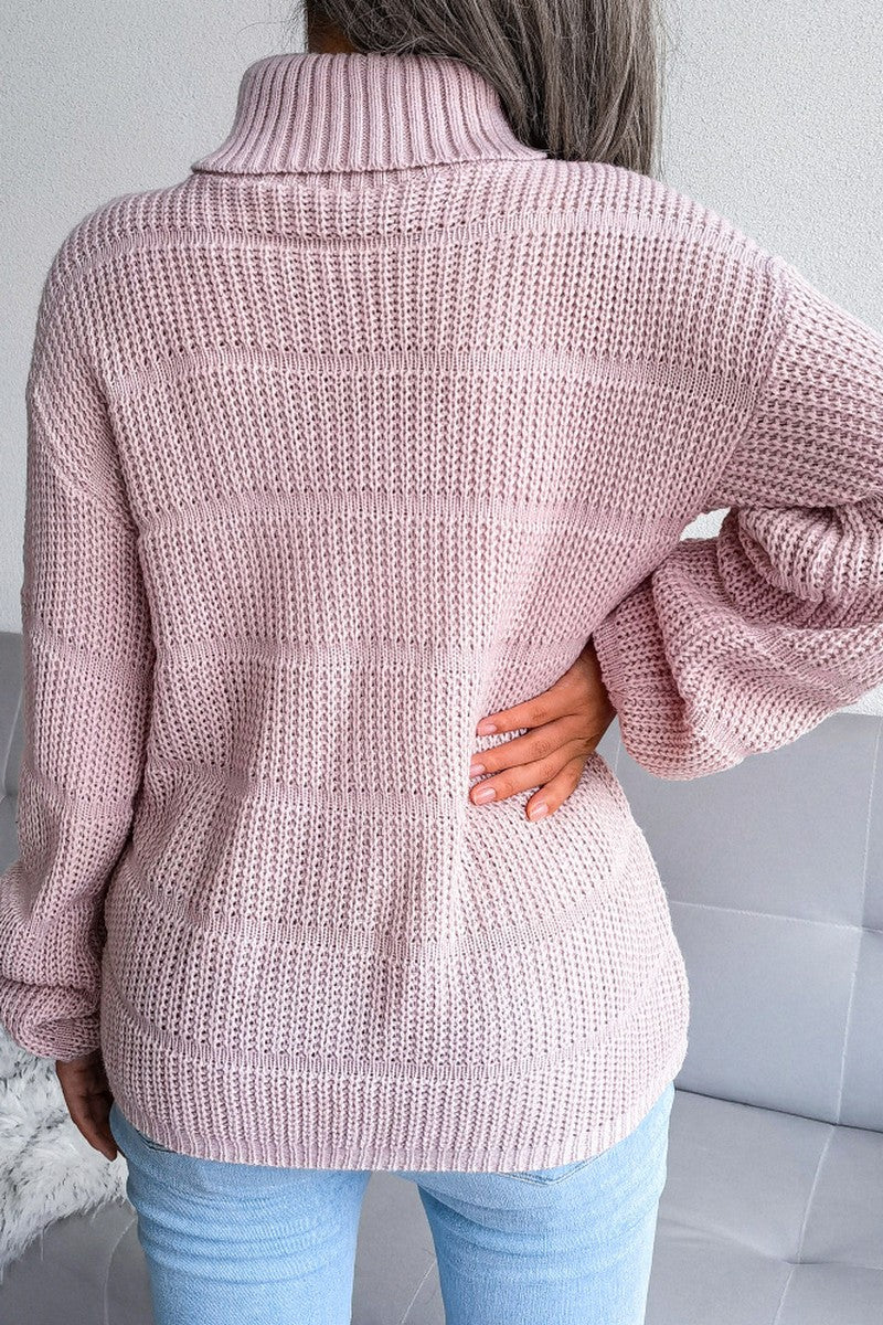 WOMEN CABLE KNITTED TURTLE NECK LOOSE FIT SWEATER