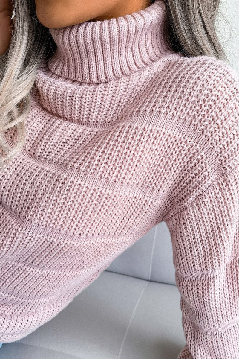 WOMEN CABLE KNITTED TURTLE NECK LOOSE FIT SWEATER