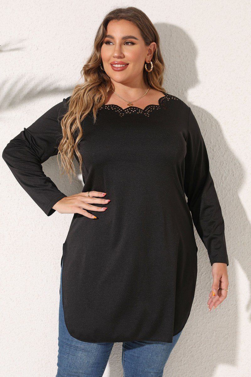 WOMEN PLUS SIZE LACE TRIM LONG LENG T SHIRT