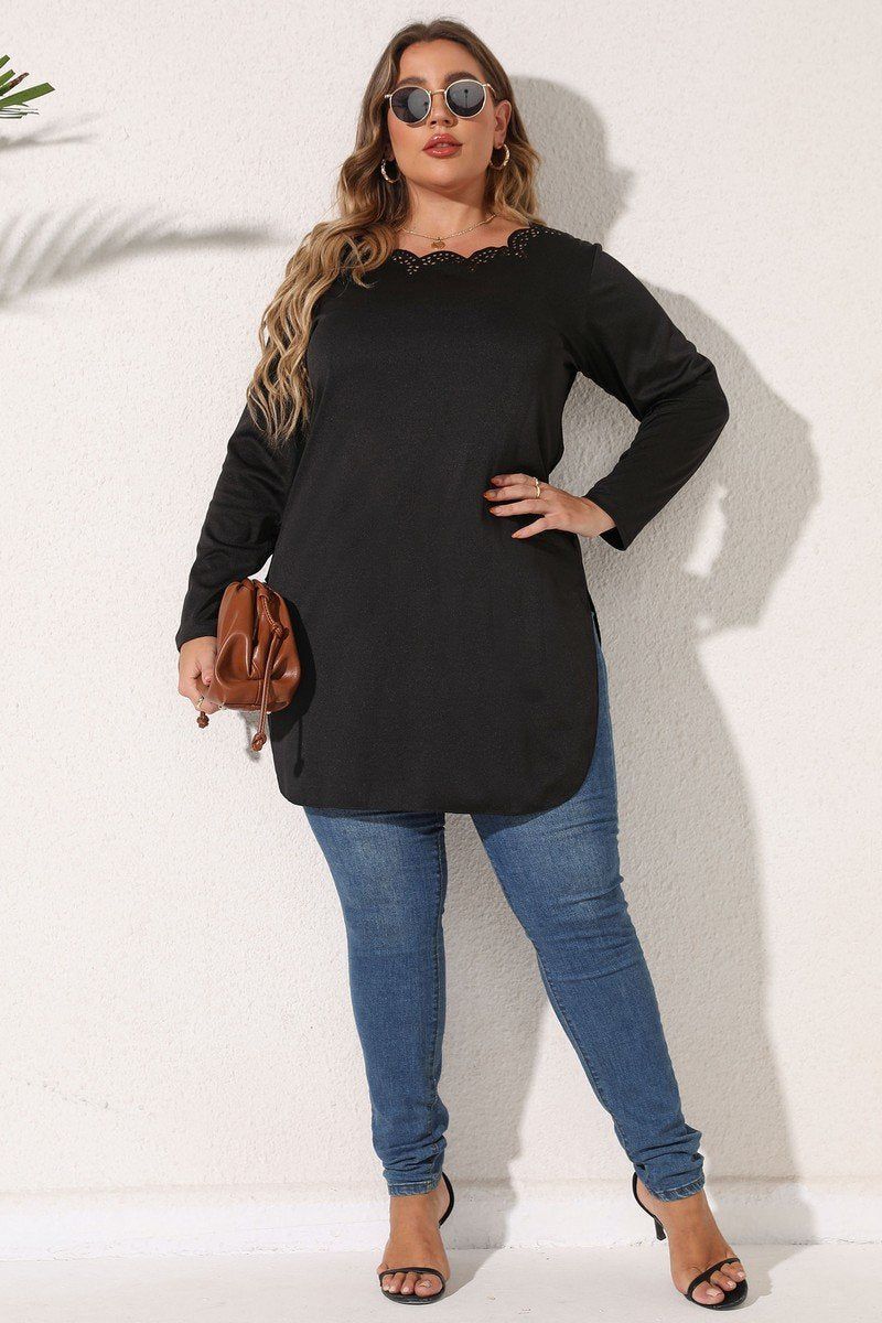 WOMEN PLUS SIZE LACE TRIM LONG LENG T SHIRT