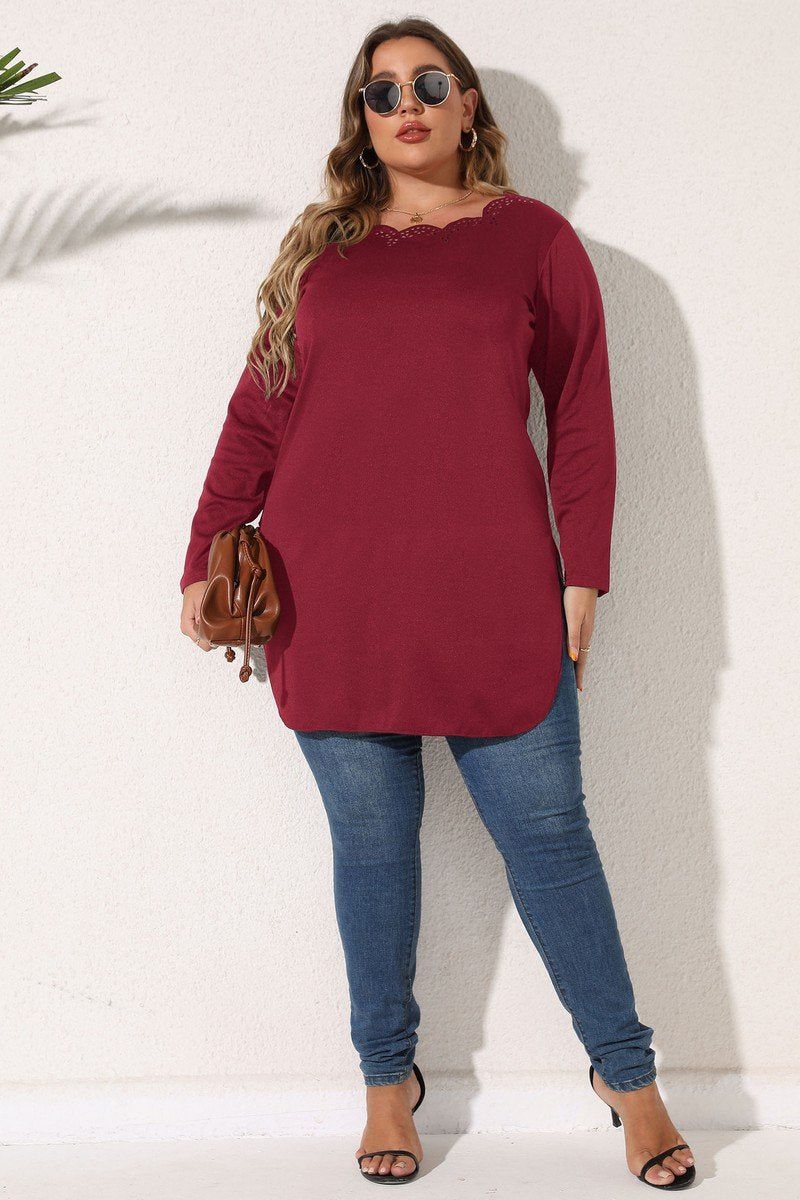 WOMEN PLUS SIZE LACE TRIM LONG LENG T SHIRT