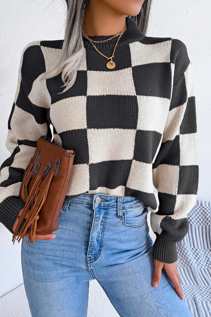WOMEN PATCHWORK PATTERN LOOSE FIT KNITTED SWEATER