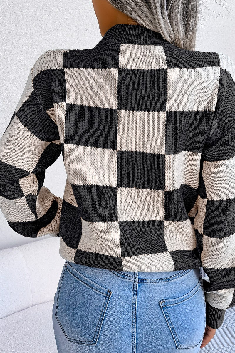 WOMEN PATCHWORK PATTERN LOOSE FIT KNITTED SWEATER