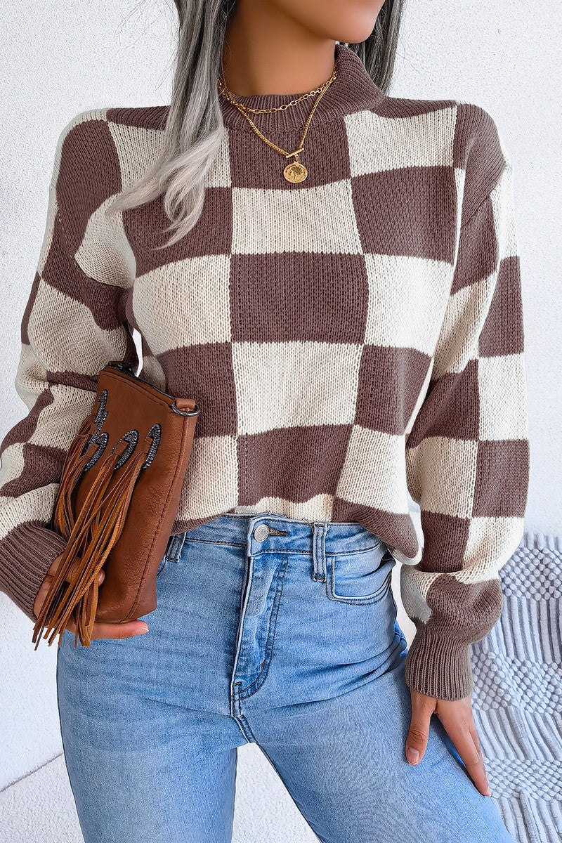 WOMEN PATCHWORK PATTERN LOOSE FIT KNITTED SWEATER