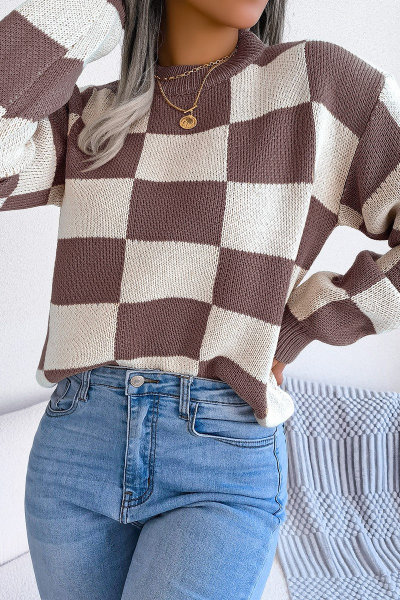 WOMEN PATCHWORK PATTERN LOOSE FIT KNITTED SWEATER