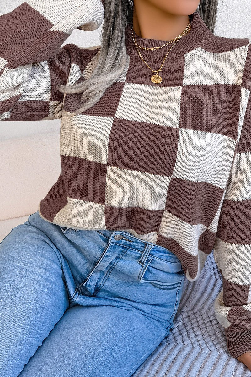 WOMEN PATCHWORK PATTERN LOOSE FIT KNITTED SWEATER