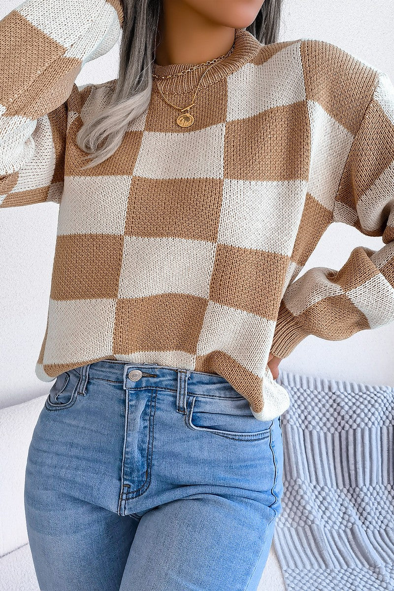 WOMEN PATCHWORK PATTERN LOOSE FIT KNITTED SWEATER