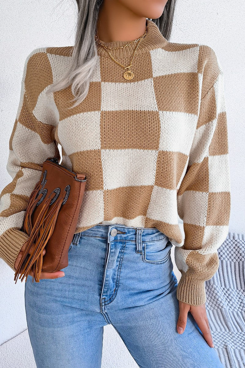 WOMEN PATCHWORK PATTERN LOOSE FIT KNITTED SWEATER