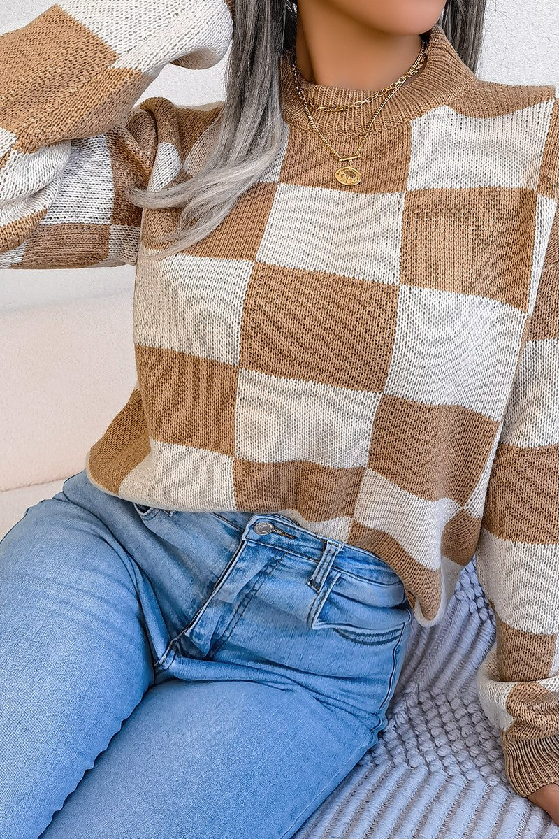 WOMEN PATCHWORK PATTERN LOOSE FIT KNITTED SWEATER