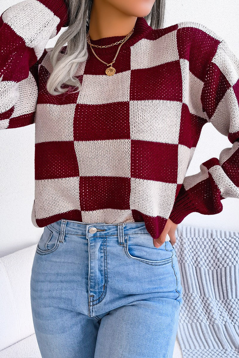 WOMEN PATCHWORK PATTERN LOOSE FIT KNITTED SWEATER