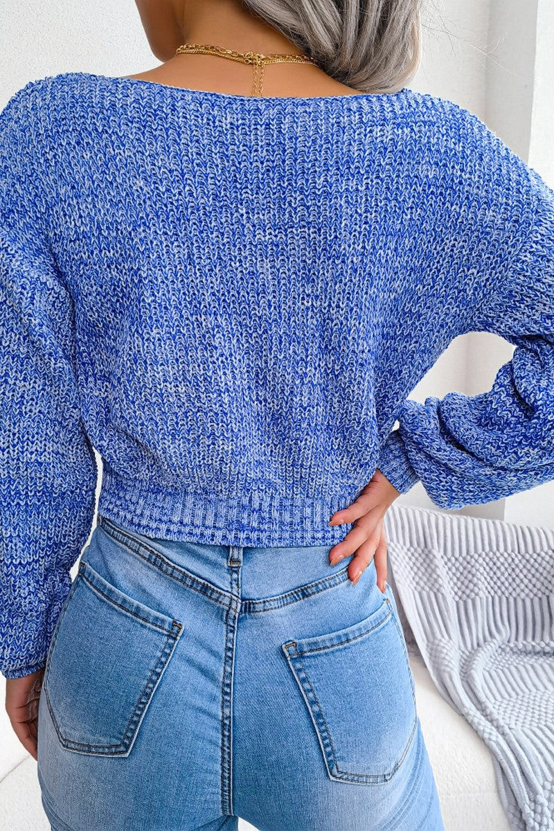 WOMEN SEXY V NECK KNITTED CROP WRAP SWEATSHIRT