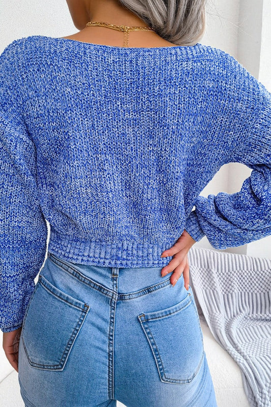 WOMEN SEXY V NECK KNITTED CROP WRAP SWEATSHIRT